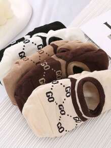 5 Pairs Women's Stripe & Letter Printed French Style Luxury Casual Boat Socks
