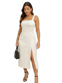 Elegant Long Dress With Slit, Stretch And Sophisticated Lining Elegant Linen Dress Valentine's Day - Cream - View 6