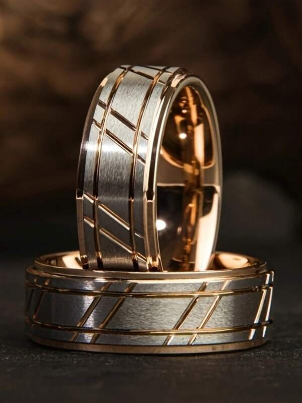 1pc Rose Gold Matte Finish Stainless Steel Wedding Band Ring, 8mm Black Brushed Edge, Durable, Brushed Bevel, Fashionable Anniversary Ring