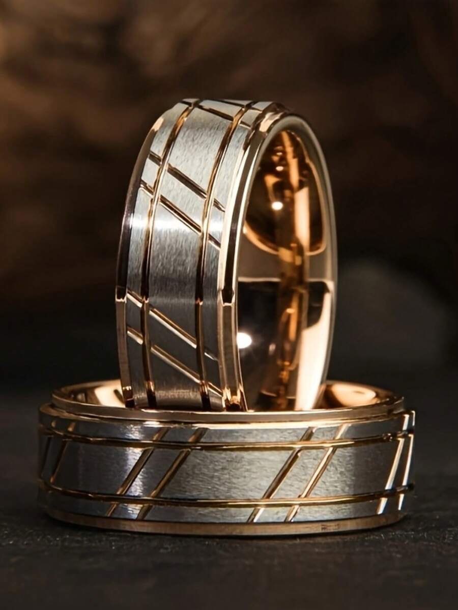 1 件玫瑰金哑光不锈钢结婚戒指，8 毫米黑色拉丝边缘，耐用，拉丝斜面，时尚周年纪念戒指 - 玫瑰金 - 查看 1