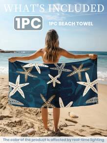 1 pièce Serviette de plage imprimée, motif étoile de mer, serviette de bain, serviette de plage de style mode, serviette de bain super absorbante pour la salle de bain, la natation, le fitness, le yoga, serviette microfibre douce et confortable, légère et portable, protection contre le vent et le soleil, anti-sable pour les voyages d'été, les vacances, la décoration de la salle de bain. Tailles régulières et plus grandes recommandées (35*75cm petite taille serviette de toilette, 150cm ou plus recommandé)