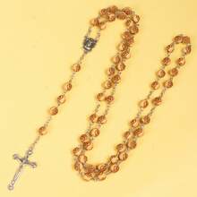 1 件欧美时尚经典玫瑰木珠手工 Y 形十字架长项链，女士优雅颈链 - 棕色 - 查看 2