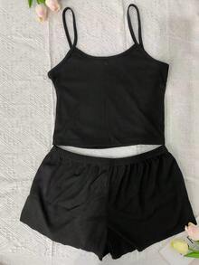 2pcs Women Lingerie Set, Solid Color Sexy Camisole Top & Shorts Pajamas Suit For Casual Home Wear, Outfits - Black - View 5