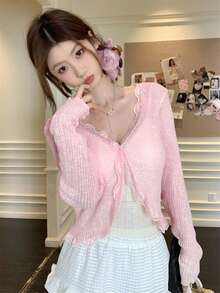 女士蓝色蕾丝边 V 领罩衫，可爱返校夏季披肩轻便外套 - 粉色 - 查看 3