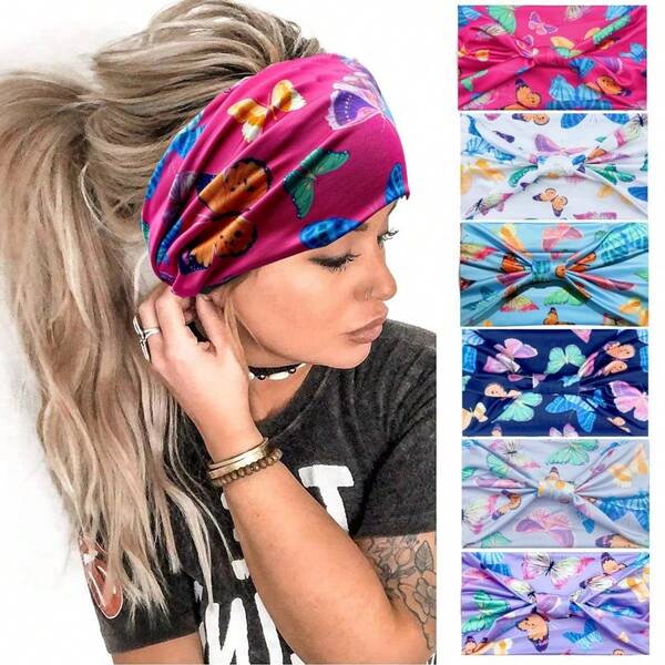 1 pieza Diadema deportiva de yoga con estampado de mariposa para mujer, diadema elástica ancha con nudo, absorbente del sudor, accesorio de cabello con patrón único para outfits de vacaciones de mujer en otoño e invierno