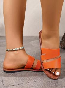 Wide Fit Rhinestone Decor Slide Sandals, Comfortable Women Casual Flat Slippers, Korean Fashion Open Toe Sandals For Summer Outdoor Beach, Suitable With Dress And Casual Attire