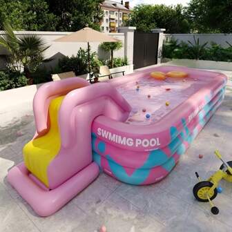 Vibrant Pink Striped Inflatable Swimming Pool With Slide, Extra-Large Family Adult Blow-Up Pool, Outdoor Water Play Artifact, Garden Yard Enjoy Summer Days, Rectangular PVC Pool With Multiple Components, No Electricity Needed, Perfect For Parties, Music Festivals, Graduations, And Vacations