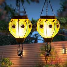 Starsoul Hot Balloon Solar Lantern With Flower Projection Metal Outdoor Waterproof Hot Balloon Solar Lights Hanging Lantern For Garden Yard Patio Decor - 孔雀-2pc - 查看 2