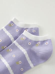 6 Pairs Light Purple Women's Socks, Rustic Style, Fashion Floral Women's Short Socks, Ankle Socks, Daily Casual Wear
