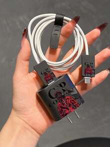 Anime 5-In-1 Character Phone Case + Charger Cover + Cable Protector + Storage Strap, TPU Shockproof Protective Case Compatible With Iphone 7/8/X/Xs/XR/XS Max/11/12/13/14/15/16 Pro Max - Black - View 3