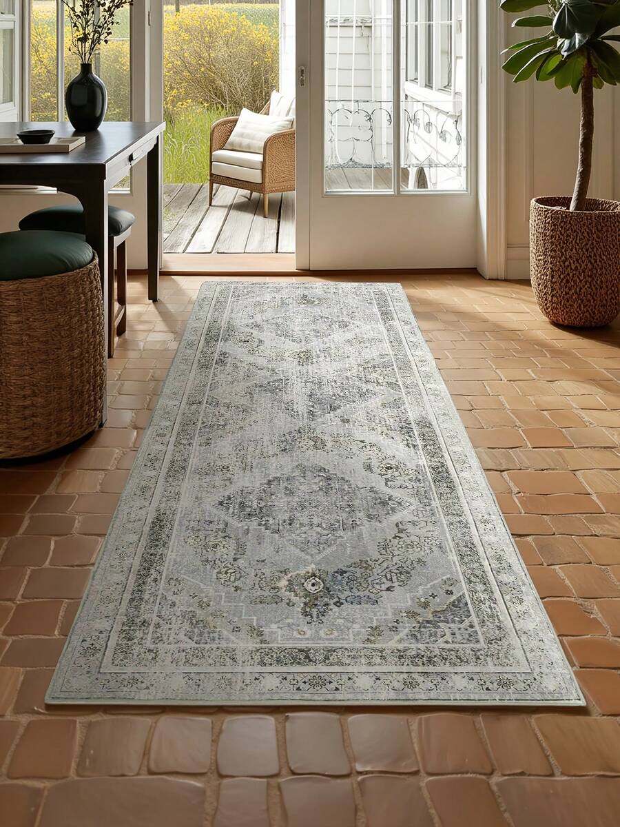 Phantoscope Boho Washable Runner Rug – Non-Slip Ultra-Thin Carpet For Hallway, Kitchen, Entryway, Laundry & Bedroom – Vintage Distressed Long Accent Rug - Xám/Xanh nhạt - Xem 1