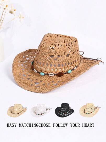 1 pieza Sombrero de paja de Panamá de color liso bohemio con calado, sombrero de sol decorativo de protección UV casual, de moda para todo uso en actividades al aire libre, para todas las estaciones