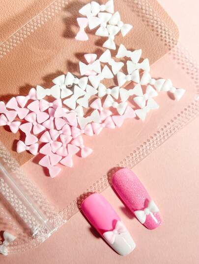 50pcs White/Pink Ribbon Nail Art Decorations, Cute Black Ribbon Elements, Korean Style, DIY For Nail Art, Suitable For Nail Salon Decoration