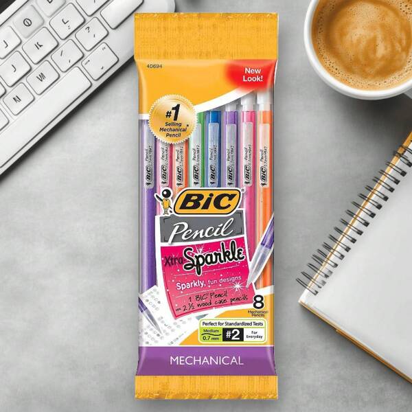 BIC # 2 Xtra Sparkle Mechanical Pencils, 0.7mm, 8ct - Multicolor: School Supplies, Kids Stationery, Plastic, Retractable , Back To School Gifts
