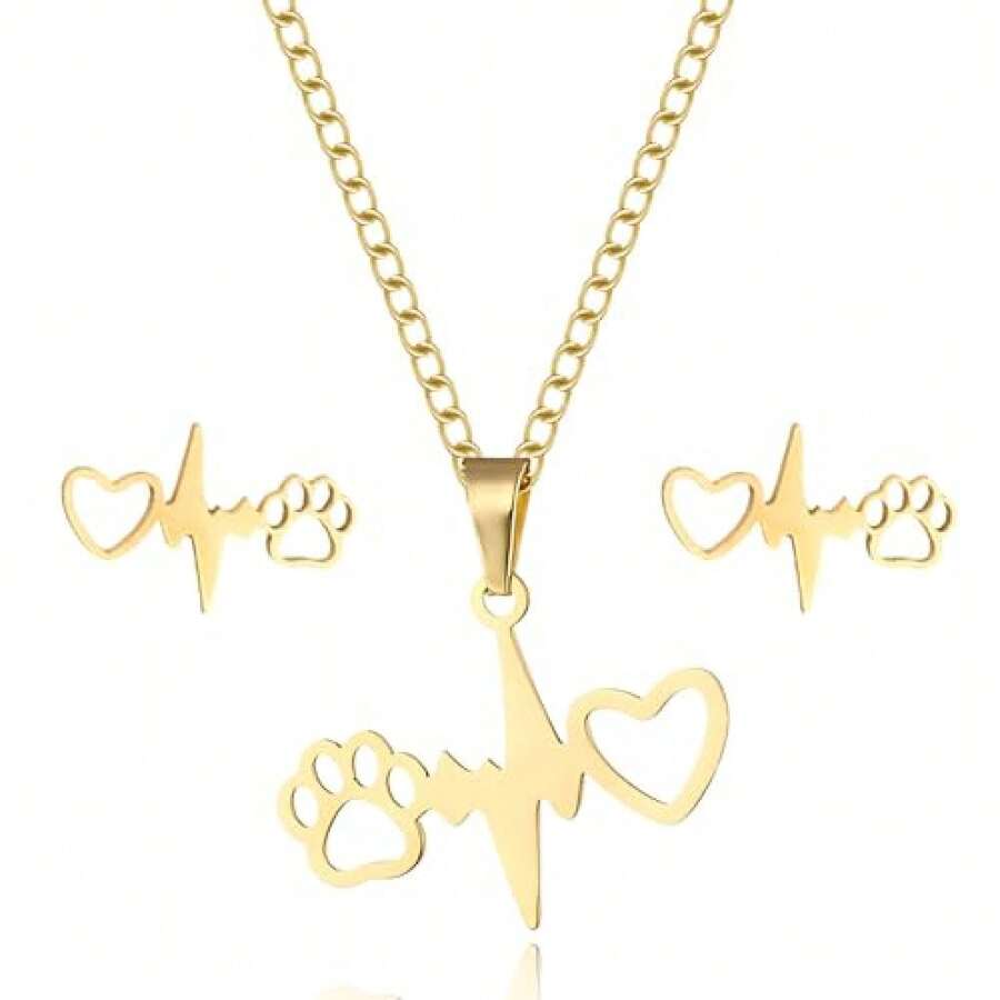 Paw Print Necklace Earring Set Dog  Lovers - Thoughtful Pet Mom Gifts - Gold - View 1