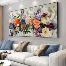 1 peça, arte em tela floral vibrante grande, 50x100 cm/19,68x27,55 polegadas, decoração de parede moderna sem moldura, flores coloridas com folhas verdes, ideal para sala de estar e quarto, decoração de quarto, arte de parede em tela