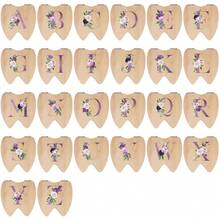 Holz-Zahn-Organizer-Box in Zahnform, Milchzähne-Sammelbox, Nabelschnur-Box, Aufbewahrungsbox für Zahnschätze, Geschenk für Mädchen und Jungen mit 26-Buchstaben-Muster