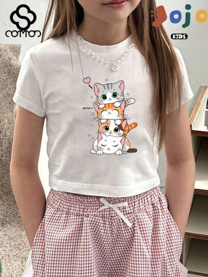 Novo estilo de verão, camiseta esportiva fofa, macia e confortável de algodão puro para meninas, gola redonda, estilo universitário, linda camiseta de rua de manga curta, estampa de quatro gatinhos fofos de desenho animado