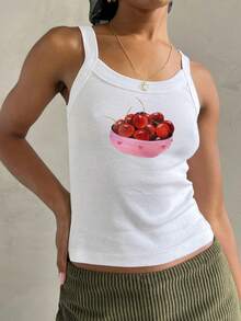 Summer Crop Tank Tops For Women Y2k Spaghetti Strap Cami Tops Graphic Tees Beach Vacation Tops Sleeveless Scoop Neck Camisole Slim Fit Tees Cute Going Out Tops For Teen Girls For Street Shopping Club Aesthetic Clothes - Đỏ và trắng - Xem 2