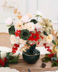 Artificial Flowers Combo, Champagne Silk Roses, Peonies, Dahlias With Stems For DIY Wedding Bouquets, Baby Shower, Table Centerpieces, Home Decor, Fake Floral Arrangements, Party Decorations - Gold Champagne Green - View 4