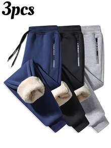 3 Pairs Winter Warm Thermal Lined Trousers, Solid Color, Knitted Fabric, Loose Fit, Printed Drawstring, Comfortable Pants For Cold Season, Thick - Multicolor - View 1
