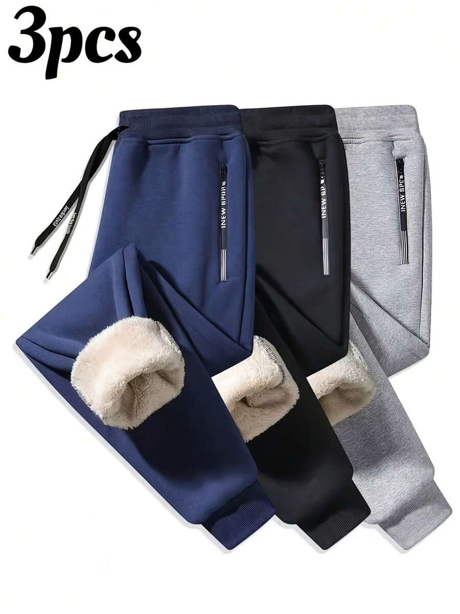 3 Pairs Winter Warm Thermal Lined Trousers, Solid Color, Knitted Fabric, Loose Fit, Printed Drawstring, Comfortable Pants For Cold Season, Thick - Multicolor - View 1