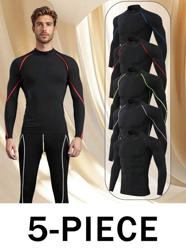 5Pack Boyfriend Style Men's High Neck Fitness Long Sleeve Athletic Tight Top High Neck Compression Shirt