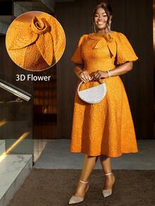 Women Plus Size Rose Jacquard Flared Puff Sleeve A-Line Graduation Dress, Suitable For Commuting, Elegant Cocktail Semi Formal Prom Dress, For Birthday, Wedding Guest, Graduation, Dinner, Homecoming - trái cam - Xem 1