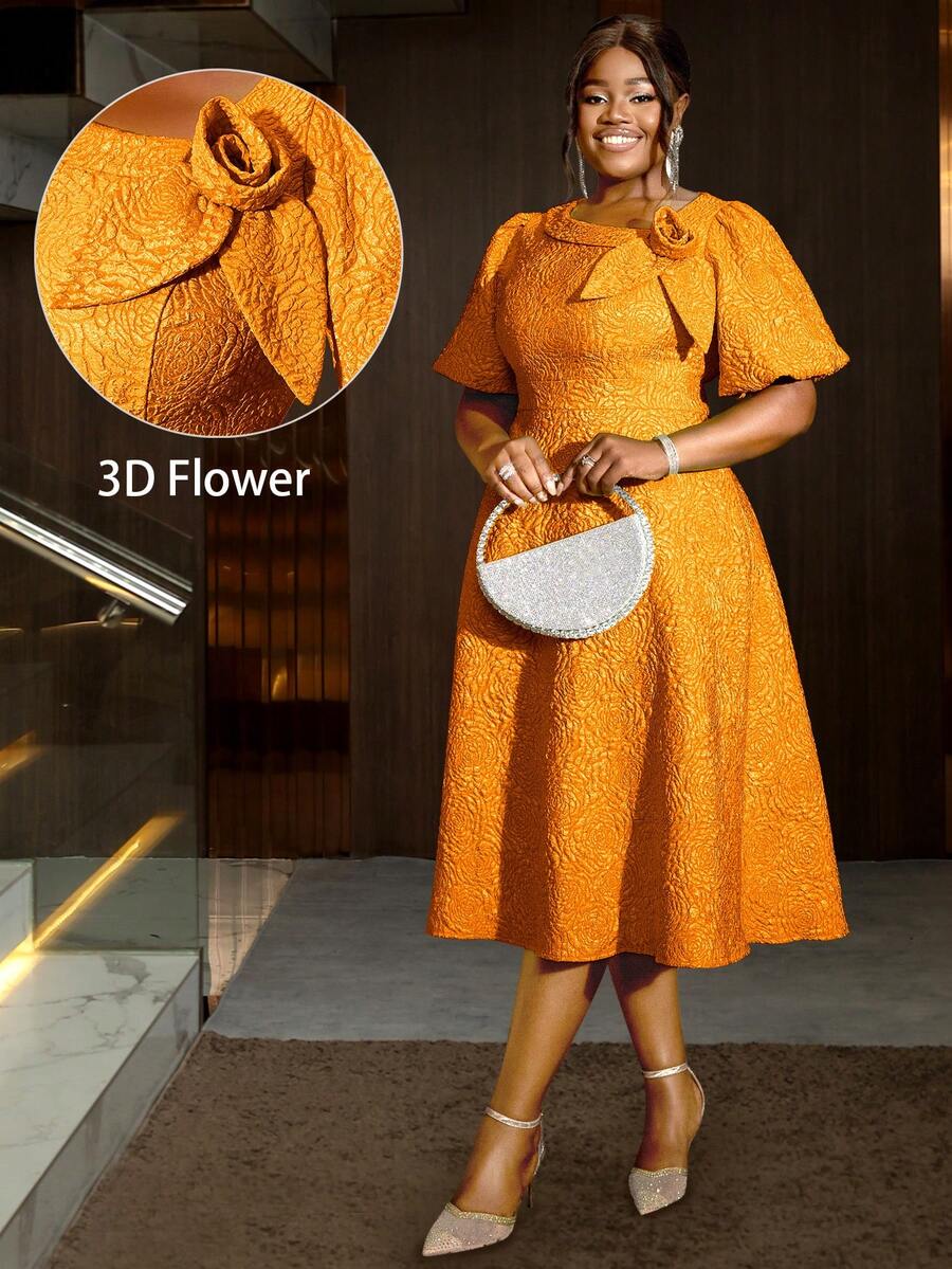 Women Plus Size Rose Jacquard Flared Puff Sleeve A-Line Graduation Dress, Suitable For Commuting, Elegant Cocktail Semi Formal Prom Dress, For Birthday, Wedding Guest, Graduation, Dinner, Homecoming - trái cam - Xem 1