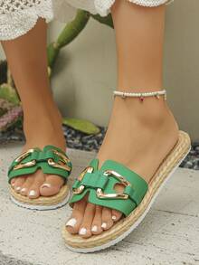 Giày sandal đế bằng vải lanh giả khóa kim loại màu xanh lá cây mùa hè mới Cross Border size 35-45, thời trang đa năng, trang phục thường ngày, đi biển, thoải mái - màu xanh lá - Xem 4