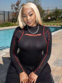 PeachySprinkles Women's Contrast Color Roll Neck Bodysuit Long Sleeve Slim Fit Black Casual Fashion Graphic Print Sexy Tight Sports Style Party Club Wear - Red - View 4