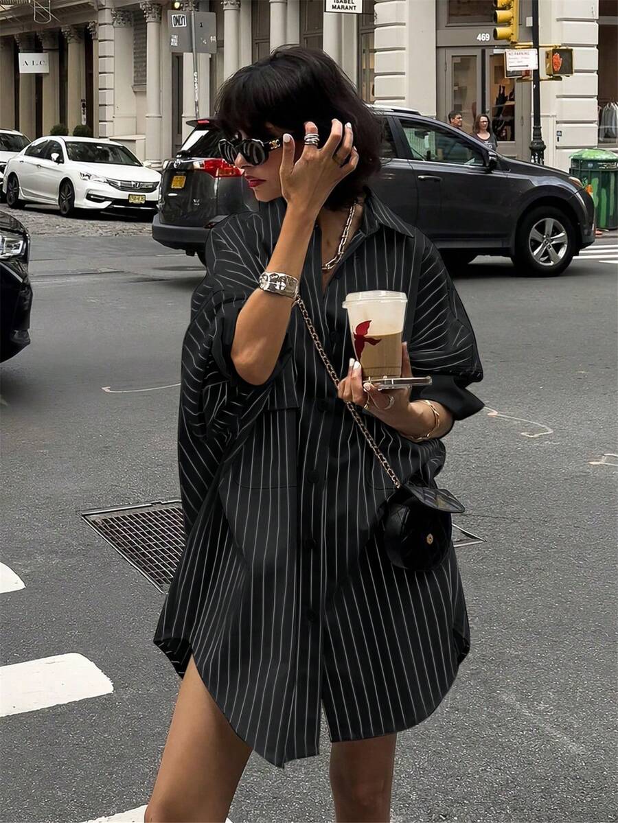 复古宽松口袋开衫，纽扣长袖条纹黑色可爱优雅休闲女式衬衫/罩衫，适合春夏假期/情人节穿着 - 黑色 - 查看 1
