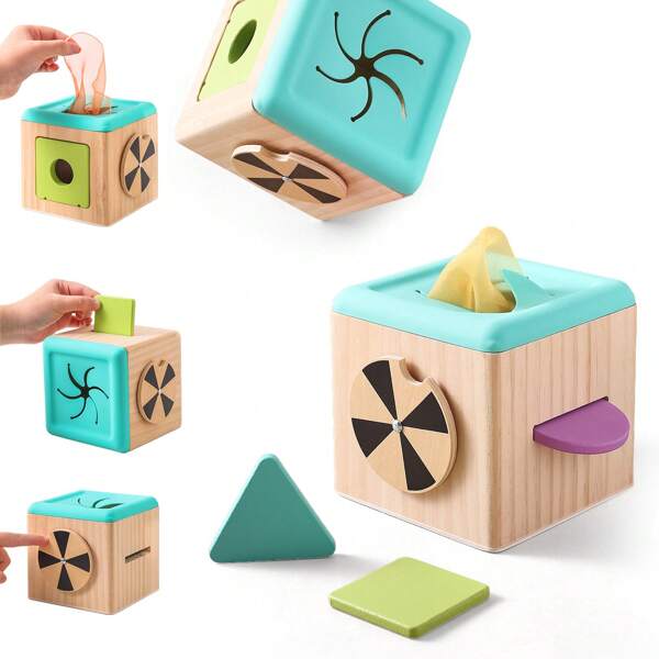 Caja de pañuelos deslizante de madera, juguete cubo de rompecabezas multifuncional, juguete sensorial para bebés, ayuda a los bebés a percibir el mundo, educación temprana para infantes, regalo para recién nacidos