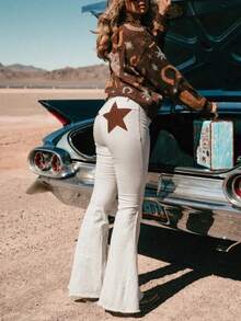Women Back Stars High Waisted Flared Jeans Summer Y2k Star Pattern Raw Hem Slim Fit Bell Bottomed Denim Pants Vintage Jean Streetwear 4th Of July Outfits Independence Day Clothes - 白色 - 查看 5