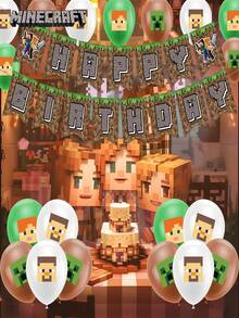 Minecraft 19 件  官方授权生日装饰气球套装，包括气球和旗帜横幅卡通主题场景设置生日派对用品节日装饰精美拍照背景装扮饰品