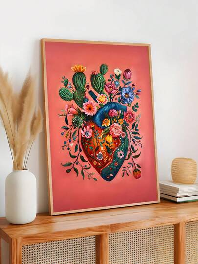 1 pieza Obra de arte de pared moderna mexicana, arte mexicano, obra de arte de corazón floreciente, pintura al óleo de México, impresión de arte de pared de corazón floral floreciente de México, arte botánico, decoración de dormitorio, decoración de sala de estar, decoración de oficina, decoración de comedor, decoración de cocina, decoración de sala de estudio, pasillo, decoración de dormitorio, decoración de baño, regalo ideal para amigos, obras de arte de pared, decoración de pared, decoración del hogar, decoración de habitación, arte de pared en lienzo, carteles, arte de pared con marco, marco opcional