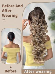 26-28 Inch Natural Wave Heat Resistant Synthetic Ponytail Hair Extensions, Claw Clip On, Black & Brown, Suitable For Girls And Women For Daily Wear And Parties - Ombre - View 4