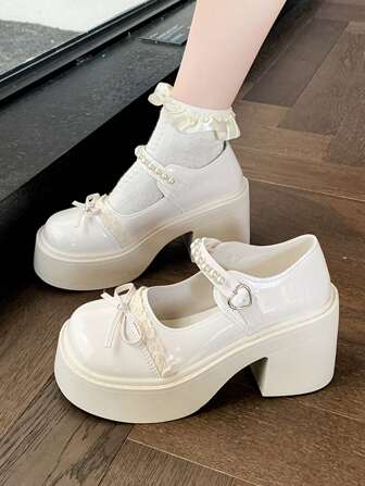 1 Pair Solid Color Preppy Style Cute PU Leather Bow Platform Oxfords, British Fashion Loafers For Outdoors, School, Festival, All Season