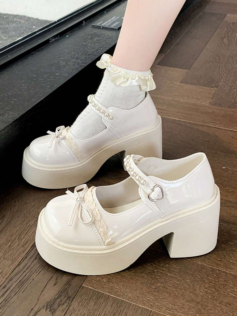 1 双纯色学院风可爱 PU 皮革蝴蝶结厚底牛津鞋，英伦时尚乐福鞋，适合户外、学校、节日、所有季节 - 米色 - 查看 1