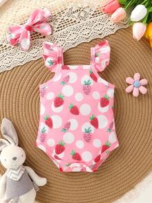 两件套休闲优雅可爱婴儿连体衣套装，柔软透气，草莓花卉图案，荷叶边装饰，包含连体衣和发带。