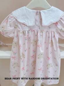 Vestido elegante para meninas com gola redonda bordada e laço, estampa de coelho e floral, estilo moderno, adequado para atividades ao ar livre, festivais, festas, primavera/verão