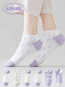 6 Pairs Light Purple Women's Socks, Rustic Style, Fashion Floral Women's Short Socks, Ankle Socks, Daily Casual Wear