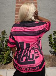 PeachySprinkles Women Pink Letter Print Graphic Tee - Round Neck Short Sleeve Stretch Fitted T-Shirt - Casual Fashion Summer Daily Wear