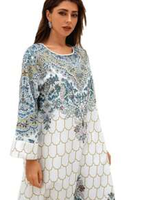 Middle Eastern Dress Abaya New Muslim Dress Retro Print Dress Slim Fit Round Neck Robe
