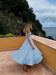 Floreya Solid Color Casual Elegant Woven Fabric Zip Up Dress, Suitable For Dates, Parties, Weddings In Spring/Summer - Baby Blue - View 4