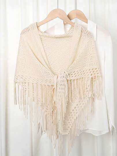 1pc Women's New Simple Solid Color Knitted Triangle Scarf, Fashionable Versatile Tassel Edged Bohemian Triangle Shawl, Suitable For Daily Wear Matching Dresses