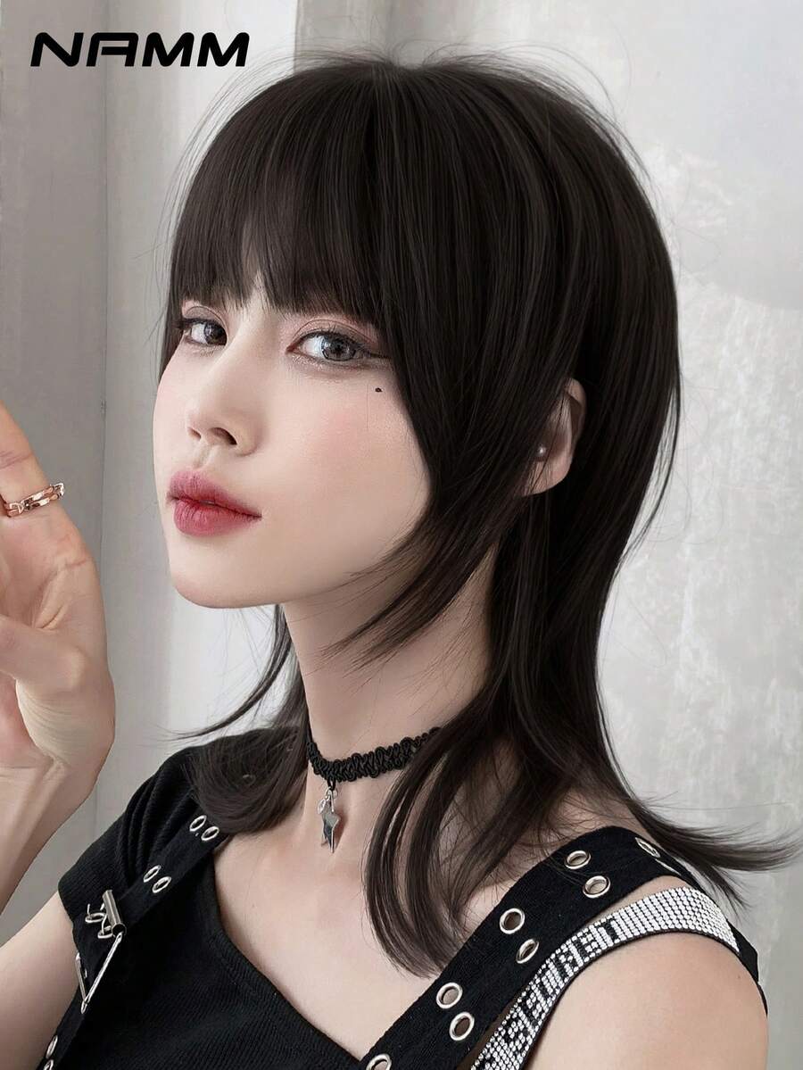 NAMM 16-Inch Premium Black Brown Wolf Cut Short Wig For Women With Bangs- Dark Roots Natural Looking Fluffy Very Soft Synthetic Heat Resistant Fiber Hair, Full Machine Beautiful Costume Wig For Girls Daily,Halloween Wig, Music Festival Party Street Wear, Cosplay Anime Or Costume Use(Natural Layered Texture & Lightweight)