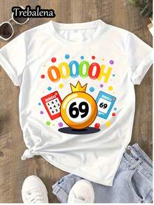 Women's 100% Cotton Bingo 69 Number Game Graphic T-Shirt - White Casual Short Sleeve Round Neck Tee With Lucky Ball & Confetti Design, Plus Size Summer Spring Top For Mother's Day, Memorial Day, Junet - White - View 1