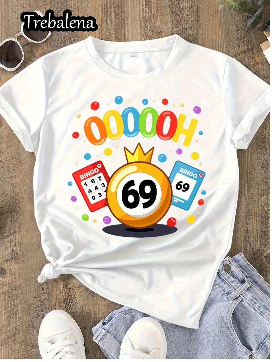 Women's 100% Cotton Bingo 69 Number Game Graphic T-Shirt - White Casual Short Sleeve Round Neck Tee With Lucky Ball & Confetti Design, Plus Size Summer Spring Top For Mother's Day, Memorial Day, Junet - White - View 1