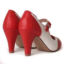 Women Mary Jane Pumps – Round Toe Retro Low Kitten Heels With Ankle Strap & Memory Foam Insole, Vintage 1950s Cone Heel Dress Shoes For Weddings, Bridesmaids, Date Night, Parties & Business Casual [Size Up Half Size] - 紅色奶油色PU - 查看 4
